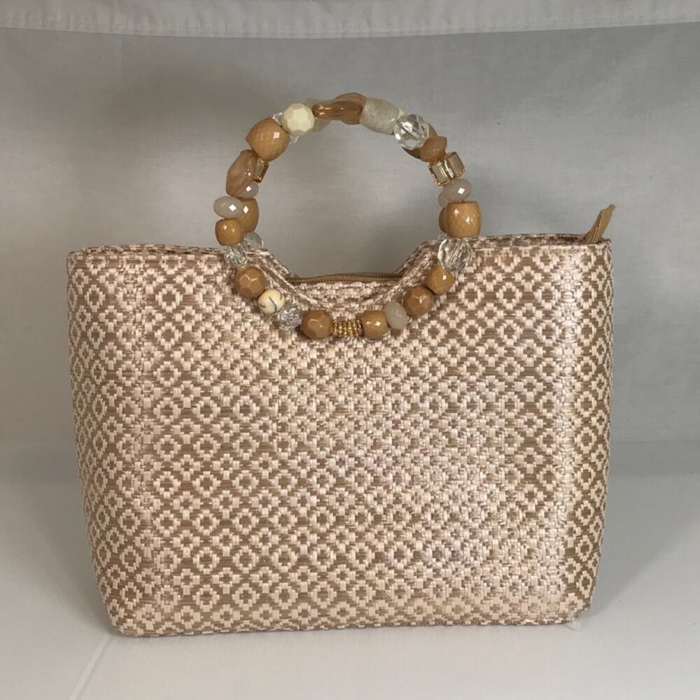 Cappelli Straworld Boho Beach Beaded Handle Textured Geometric Handbag